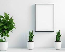 Empty frame mockup on white wall background next to artificial plants. photo
