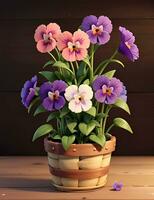 Lovely Pansy flowers in wooden basket 3d style. photo
