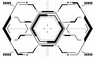 HUD sci-fi interface screen view black hexagon geometric on white design virtual reality futuristic technology creative display vector