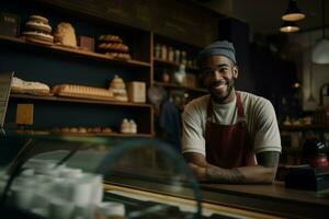 contento barista cafetería. generar ai foto