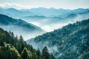 Smoky cloudy mountains trees fog. Generate AI photo