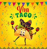 Cartoon mexican tacos character in sombrero hat vector