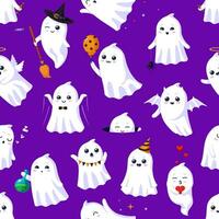 Víspera de Todos los Santos kawaii fantasma caracteres sin costura modelo vector