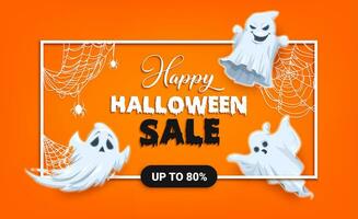 Halloween sale banner with kawaii ghosts, spiders vector