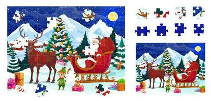 Christmas jigsaw puzzle game with Santa in sleigh vector