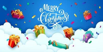 Navidad papel cortar nubes con regalos 3d vector