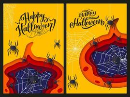 Halloween holiday paper cut posters, spider cobweb vector