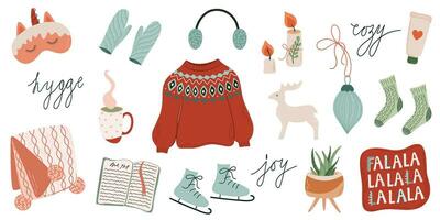 Autumn and Winter comfortable lifestyle and holidays objects. Set of hygge elements. Cozy home, Winter activities. Hand drawn flat style vector illustration.