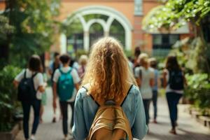 Girl backpack going class time. Generate Ai photo