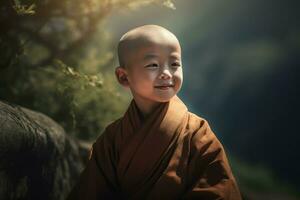 pequeño asiático sonriente monje. generar ai foto