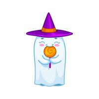 Halloween kawaii ghost character licking lollipop vector