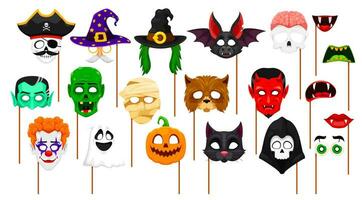 Cartoon Halloween photo booth masks, monster props vector