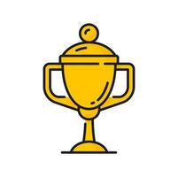 Gold trophy cup, game sport prize, line award icon vector