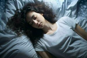 joven mujer dormido noche en almohada. generar ai foto
