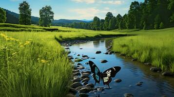 Black butterfly floating on the stream generated by Ai photo