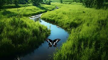 negro mariposa flotante en el corriente generado por ai foto