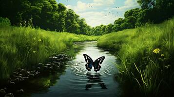 Black butterfly floating on the stream generated by Ai photo