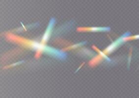 Iridescent crystal leak glare reflection effect. Optical rainbow lights, glare, leak, streak overlay. falling confetti. Vector colorful vector lenses and light flares with effects.