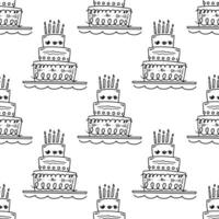 Doodle-style seamless pattern of big cake with candles. Festive concept. Hand drawn vector outline sketch.