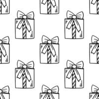 Doodle-style gift box seamless pattern. Festive concept. Hand drawn vector outline sketch.