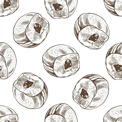 Seamless pattern of a traditional German or Polish donut with jam, dusted. Hand drawn sketch. Vintage illustration. Pastry sweets, dessert. Element for the design of labels, packaging and postcards.