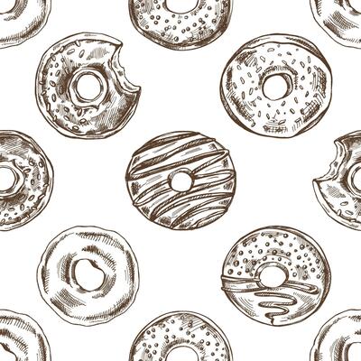 Seamless pattern of donut. Hand drawn doughnut sketch. Vintage illustration. Pastry sweets, dessert. Element for the design of labels, packaging and postcards.