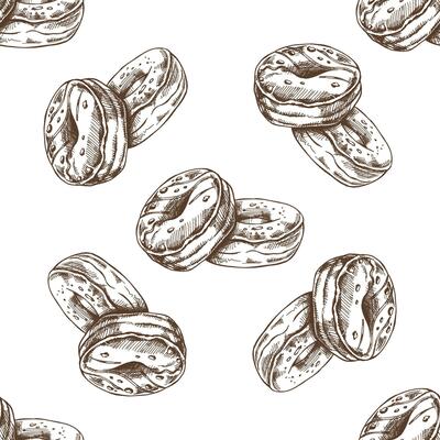 Seamless pattern of donut. Hand drawn doughnut sketch. Vintage illustration. Pastry sweets, dessert. Element for the design of labels, packaging and postcards.