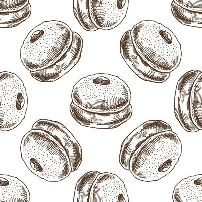 Seamless pattern of a traditional German or Polish donut with jam, dusted. Hand drawn sketch. Vintage illustration. Pastry sweets, dessert. Element for the design of labels, packaging and postcards.