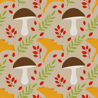 A pattern with mushrooms and autumn leaves. Seamless pattern with mushrooms, plants, berries. Background for textiles or book covers, wallpaper, design, graphics, printing, hobbies, invitations. vector