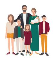 Large family portrait. European mother, father and five children. Happy people with relatives. Colorful flat illustration. vector