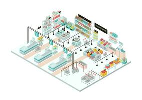 Supermarket interior. Grocery store. Colorful isometric illustration. vector