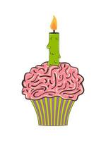 Cake with a candle and brains for Halloween. Vector flat illustration in retro style. A festive Halloween snack with a psychedelic twist.