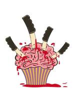 Cupcake with a brain pierced with knives for Halloween. Vector flat illustration in retro style. A festive Halloween snack with a psychedelic twist.