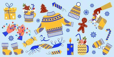 Set of winter clothes. New Year's clothing, drinks, holiday decorations and other elements. Vector illustration in flat style.