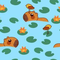 Capybara characters swimming seamless pattern vector illustration