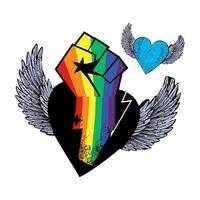 apretado puño camiseta diseño con arco iris colores y con alas corazones. vector ilustración para gay orgullo día. imagen bueno para negro historia mes.