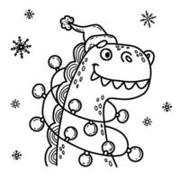 Funny winter dragon santa with Christmas garland. Vector illustration. outline hand drawing. Xmas design, holiday card, decor, coloring. 2024 year dragon according to eastern calendar.