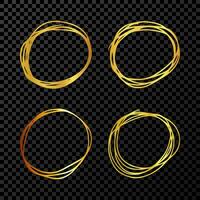 Hand drawn scribble circles.  Set of four gold doodle round circular design elements on dark transparent background. Vector illustration