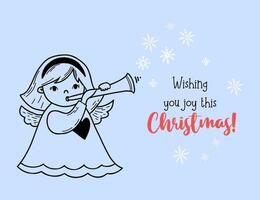 Little Christmas angel girl with trumpet and holiday greeting. Vector illustration in hand drawing doodle style. Cute Xmas kids collection, new year postcard, holiday design, decor .