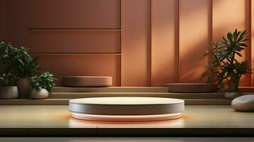 neon podium in a minimalist Scandinavian style in beige-brown colors with lighting. AI Generated photo