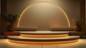 neon podium in a minimalist Scandinavian style in beige-brown colors with lighting. AI Generated photo