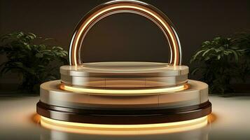 neon podium in a minimalist Scandinavian style in beige-brown colors with lighting. AI Generated photo