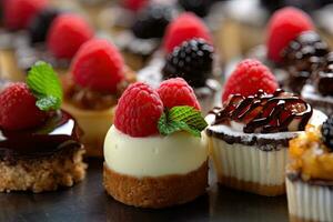 Desserts including chocolate, raspberries, Generative AI photo