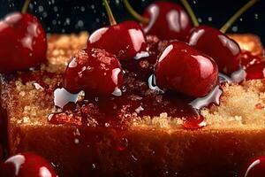 cherry toast, macro shot of a fresh breakfast with Dripping Honey, AI Generated photo