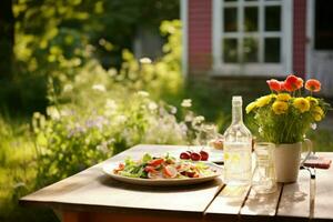 Wooden table garden salads. Generate Ai photo