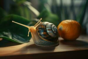 caracol en de madera mesa. generar ai foto