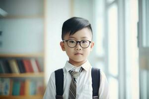 triste asiático niño a escuela. generar ai foto
