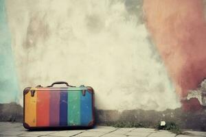 Suitcase wall concrete colorful. Generate Ai photo