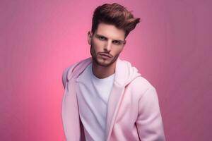 Caucasian male pink background. Generate Ai photo