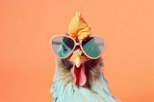 Chicken sunglasses pastel background. Generate Ai photo